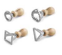 Imperia Kit Taglia ravioli. Stampi per ravioli e biscotti. 4 stampi per ravioli varie forme: cuore e triangolo piccoli, tondo e quadrato Ø 48 mm. Stampo per ravioli in legno e fusione di alluminio.