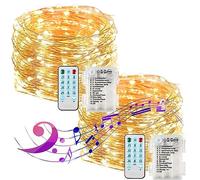 Impermeabile LED luci di rame Luci Stringa de musique activée DINOWIN 100LED 11 Modalità Corda di Rame Luminose, Batteria, illuminazione Decorativa per Natale,giardino, matrimonio (2 Pcs)