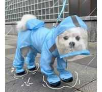 Impermeabile per cani con copertura completa, con strisce riflettenti, copriscarpe antiscivolo e borsa da trasporto, abbigliamento antipioggia per cuccioli di colore blu, adatto per viaggi all'aperto,