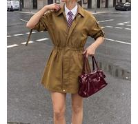 Impermeabile vintage marrone sottile da donna con vita stretta, spalle scese, maniche lunghe con polsini elastici con coulisse, giacca da pendolare L,M,S,XLColore unicoTessuto