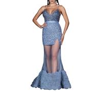 Impero Couture abito da cerimonia con applicazioni gioiello e trasparenze blu avio 38