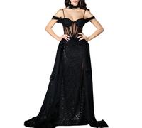 Impero Couture abito da cerimonia con paillettes e strascico con fiori nero