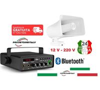 IMPIANTO AUDIO 12V.220V.PER ESTERNO MEZZI TRASPORTO CON AMPLIFICATORE BT+1TROMBA