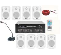 IMPIANTO AUDIO FILODIFFUSIONE+8 Altoparlanti Parete+Bluetooth+100Mt Cavo +Microfono (Con Casse Bianche)