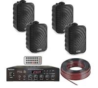 IMPIANTO AUDIO FILODIFFUSIONE DA PARETE X ESTERNO IP56 SISTEMA COMPLETO TENUTA STAGNA amplificatore BT + 4 altoparlanti con staffe + 100 mt. cavo