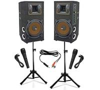 IMPIANTO AUDIO KARAOKE pronto all'uso 2 CASSE AMPLIFICATE BLUETOOTH 600W 8" + 2 MICROFONI CON FILO + CAVO PC + 2 STATIVI (alzata ridotta)