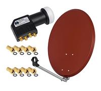 Impianto satellitare HD digitale satellitare 60 cm in acciaio a specchio rosso mattone + Quad LNB 4 partecipanti per la ricezione di segnali DVB-S/S2 Full HD 3D 4K Ultra HD (UHD) + spina in omaggio