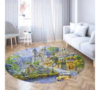 Impressionista Paesaggio Europeo Città Lavabile Area Tappeti Antiscivolo Tappeto Rotondo a pelo corto Morbido per Soggiorno Camera da letto Sala da pranzo Ponte sul fiume Vista sulla strada 90cm