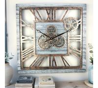 ImprovingLife The Gears Clock - Orologio da parete quadrato, 61 cm, con ingranaggi reali in movimento, vintage, industriale, oversize, rustico, stile fattoria (grigio argento)