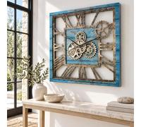 ImprovingLife The Gears Clock - Orologio da parete quadrato, 61 cm, con ingranaggi reali in movimento, vintage, industriale, oversize, rustico, stile casale (blu oceano)