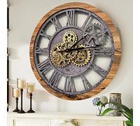 ImprovingLife The Gears Clock The Original Real Moving Gear Orologio da parete vintage industriale oversize rustico casale (60 cm, legno e pietra)