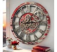 ImprovingLife The Original Real Moving Gear Orologio da parete Vintage Industrial Oversized Rustic Farmhouse (60 cm), Rosso Lava
