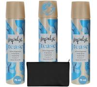 Impulse Body Spray da donna, Tease by Wishesla 75 ml, confezione da 3 deodoranti spray da donna e sacchetti cosmetici neri per articoli da toeletta (confezione da 3)