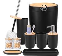 iMucci Set di accessori da bagno con bidone della spazzatura, portaspazzolino, dispenser di sapone per lozione, portasapone, bicchiere (9 coperture in bambù nero)