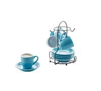 Imusa Set di 8 tazzine da caffè e piattini da 85 g con ripiano portaoggetti, colore: blu e bianco