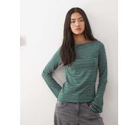 In esclusiva per ASOS - Weekday - Annie - Top a maniche lunghe morbido verde scuro e grigio a righe con scollo a barchetta L