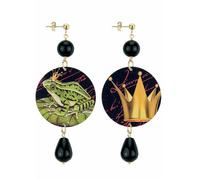 IN Lebole Collezione The Circle DOR40 Rana e Corona Orecchini da Donna in Ottone Pietra Nera