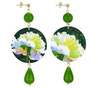IN Lebole Collezione The Circle Fiore Bianco Fondo Scuro Orecchini da Donna in Ottone Pietra Verde Oliva