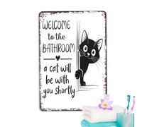 in metallo retrò con gatto nero, "Welcome to the bathroom a cat will be with you shortly", decorazione da parete vintage, per bagno, mensola da tavolo