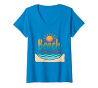 in My Beach: Vacanze estive in Paradiso Tropicale Maglietta con Collo a V, Donna, Zaffiro, XL