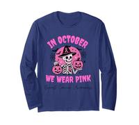 in October We Wear Pink Breast Cancer Skeleton Halloween Maglia a Manica
