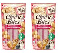 INABA Churu Bites Bocconcini di Pollo con Cuore di Tonno e Salmone - 1 Pack (3 Stick x 10gr) - Snack per Gatti Morbido e Cremoso - Cibo per Gatti Senza Conservanti o Coloranti Artificiali, Grain-Free