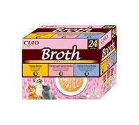 INABA Ciao Broth, Cibo Umido, Multipack Pollo, Salmone e Tonno, 960g | Brodo Leggero con Straccetti di Pollo, Snack Umido, Delizioso, Topper e Contorno, Ingredienti Premium, Poche Calorie