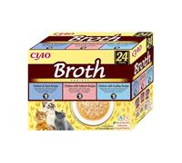 INABA Ciao Broth, Multipack Pollo, Salmone, Tonno e Capesante, 960g | Brodo Leggero con Straccetti di Pollo, Snack Umido, Delizioso, Topper e Contorno, Ingredienti Premium, Poche Calorie