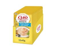 INABA Ciao Entrée Bisque, Cibo Umido per Gatti, Pasto Completo con Pollo e Formaggio, Cremosa Purea a Base di Ingredienti Naturali, Alta Idratazione, Per Gatti Adulti, 12 Confezioni da 40 g