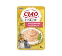 INABA Ciao Entrée Bisque, Cibo Umido per Gatti, Pasto Completo con Pollo e Salmone, Cremosa Purea a Base di Ingredienti Naturali, Alta Idratazione, Per Gatti Adulti, Confezione da 40 g