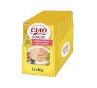INABA Ciao Entrée Bisque, Cibo Umido per Gatti, Pasto Completo con Pollo e Salmone, Cremosa Purea a Base di Ingredienti Naturali, Alta Idratazione, Per Gatti Adulti, 12 Confezioni da 40 g