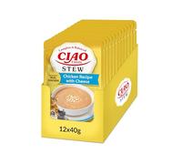 INABA Ciao Entrée Stew, Cibo Umido per Gatti, Pasto Completo con Straccetti di Pollo e Formaggio, Stufato Cremoso con Ingredienti Naturali, Alta Idratazione, Per Gatti Adulti, 12 Confezioni da 40 g
