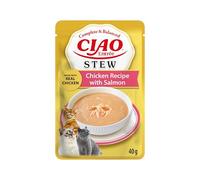 INABA Ciao Entrée Stew, Cibo Umido per Gatti, Pasto Completo con Straccetti di Pollo e Salmone, Stufato Cremoso con Ingredienti Naturali, Alta Idratazione, Per Gatti Adulti, Confezione da 40 g