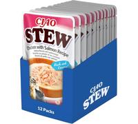 INABA Ciao Stew, Cibo Umido per Gatti con Pollo e Salmone, 12x40g | Stufato Ricco e Cremoso, Straccetti di Pollo, Snack Umido, Delizioso, Topper e Contorno, Ingredienti Premium, Poche Calorie