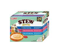 INABA Ciao Stew, Multipack Pollo, Tonno, Salmone e Capesante, 960g | Stufato Ricco e Cremoso, Straccetti di Pollo, Snack Umido, Delizioso, Topper e Contorno, Ingredienti Premium, Poche Calorie
