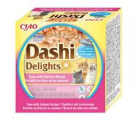 INABA Dashi Delights, Delicati Fiocchi in Brodo per Gatti con Tonno e Salmone - 6 Coppette x 70 gr - Cibo Umido Complementare con Dashi, Snack per Gatti Ricco di Proteine, Ingredienti Naturali