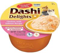 INABA Dashi Delights, Delicati Fiocchi in Brodo Pollo con Salmone - 6 Coppette x 70gr - Cibo Umido per Gatti con Dashi, Snack per Gatti Ricco di Proteine, Ingredienti Naturali - Pasto Complementare