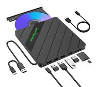 inaepeak Lettore CD esterno 8 in 1 per laptop, lettore CD esterno portatile USB 3.0 con 4 porte USB, 2 slot per schede TF SD, 1 porta di tipo C, disco per computer portatile/PC/Mac/Windows/Linux/OS