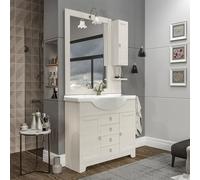 Inbagno Mobile bagno a terra 105 cm bianco decape con 2 ante e 3 cassetti, lavabo in ceramica lucida, specchio 80x105 con cornice, pensile a lato DX e lampada, ROMANTICA