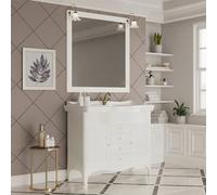 Inbagno Mobile bagno a terra 115 cm bianco decape con 2 ante e 3 cassetti, lavabo in ceramica lucida, specchio 100x105 con cornice e lampade, ROMANTICA