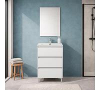 Inbagno Mobile Bagno A Terra 60 Cm Bianco Lucido Con 3 Cassetti Soft-Close, Lavabo In Ceramica E Specchio 50x70 Cm - Mobile Bagno Completo Linea Leda