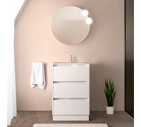 Inbagno Mobile bagno a terra 60 cm bianco lucido con lavabo e specchio tondo 60 cm, 3 cassetti con chiusura soft-close, GAYA