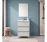 Inbagno Mobile Bagno A Terra 60 Cm Quercia Bianca Con 3 Cassetti Soft-Close, Lavabo In Ceramica E Specchio 50x70 Cm - Mobile Bagno Completo Linea Leda