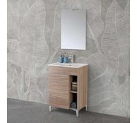 Mobile bagno a terra 60 cm salvaspazio in rovere tropea con anta e 2 vani a giorno, lavabo e specchio LED 52x68 cm, MARTHA