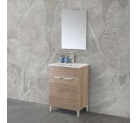 Inbagno Mobile bagno a terra 60 cm salvaspazio in rovere tropea con due ante, lavabo e specchio LED 52x68 cm, MARTHA