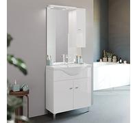 Inbagno Mobile Bagno a Terra 75 cm Bianco Lucido, Completo di lavabo e Specchio con pensile e Luce LED | Creta (75 cm)