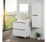 Mobile bagno a terra 80 cm bianco e rovere africa con 2 cassettoni soft-close, lavabo in ceramica e specchio reversibile 60x80 cm, KLEO