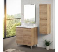 Inbagno Mobile bagno a terra 80 cm rovere africa con 2 ante battenti soft-close, lavabo in ceramica e specchio reversibile 60x80 cm, KLEO