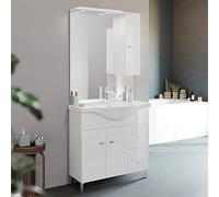 Inbagno Mobile Bagno a Terra 85 cm Bianco Lucido, Completo di lavabo e Specchio con pensile e Luce LED | Creta (85 cm)