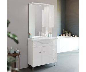 Inbagno Mobile Bagno a Terra 85 cm Bianco Lucido, Completo di lavabo e Specchio con pensile e Luce LED | Creta (85 cm)